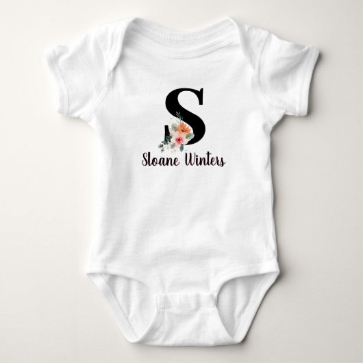 Monogram Schrift Naam Roze Bloem Motief Aangepaste Romper (Voorkant)