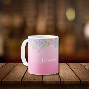 Monogram Schrift Naam Roze Glitter Meisjesachtige Koffiemok