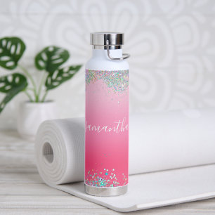 Monogram Schrift Naam Roze Glitter Meisjesachtige  Waterfles