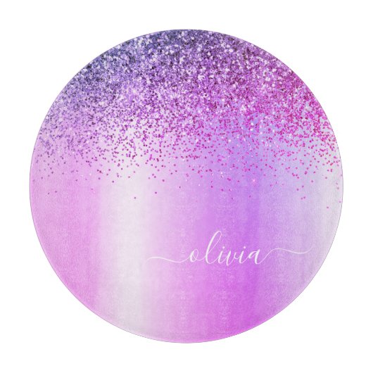 Monogram Schrift Paars Zwart Glitters Meisjesachti Snijplank (Voorkant)