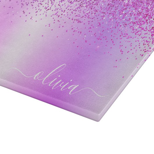 Monogram Schrift Paarse Glitters Meisjesnaam Snijplank (Hoek)