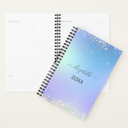 Monogram Schrift Regenboog Glitter Blau Paars  Planner (Display)