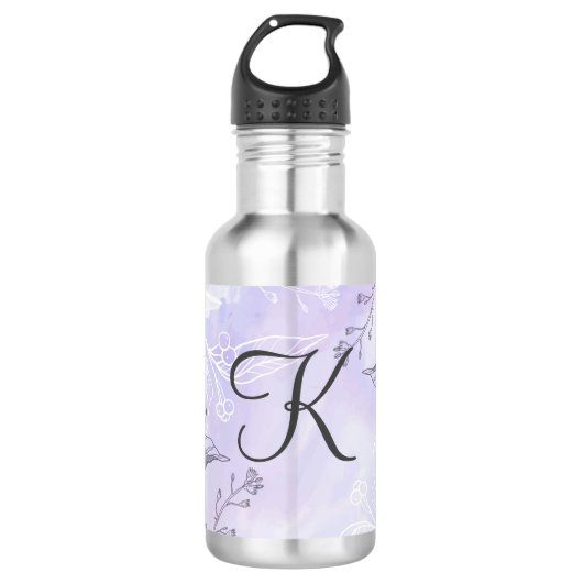 Monogram Schrift Wit Grijs Paars Bloemmotief  Waterfles (Voorkant)