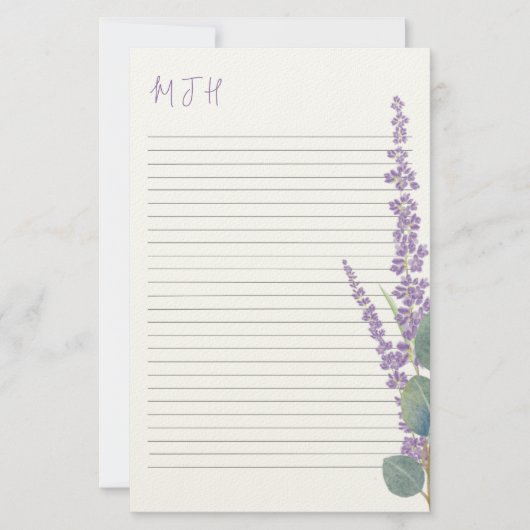 Monogram schrijfpapier met eucalyptus - lavender briefpapier (Voorkant)