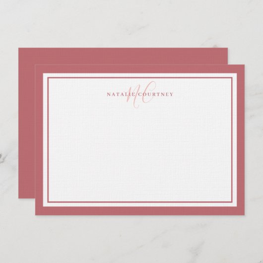 Monogram Script 2 Border Elegant Pastel Roze Notitiekaartje (Voorkant / Achterkant)