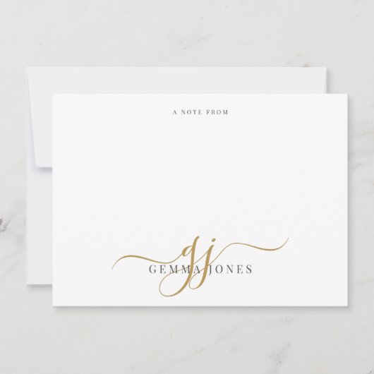 Monogram Script Beginletters Goud Zwart Notitie Va Notitiekaartje (Voorkant)