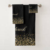 Monogram Script Black Gold Leopard Print Glitter Bad Handdoek (Insitu)