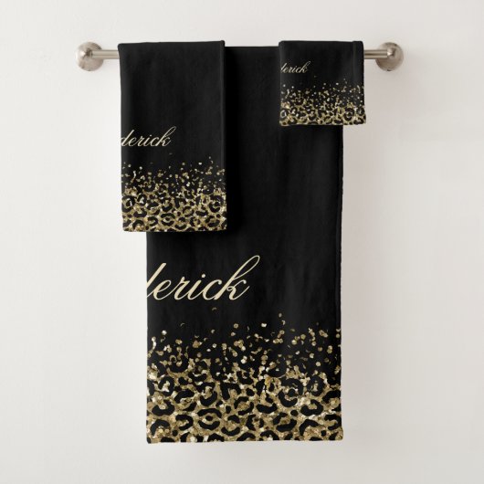 Monogram Script Black Gold Leopard Print Glitter Bad Handdoek (Insitu)