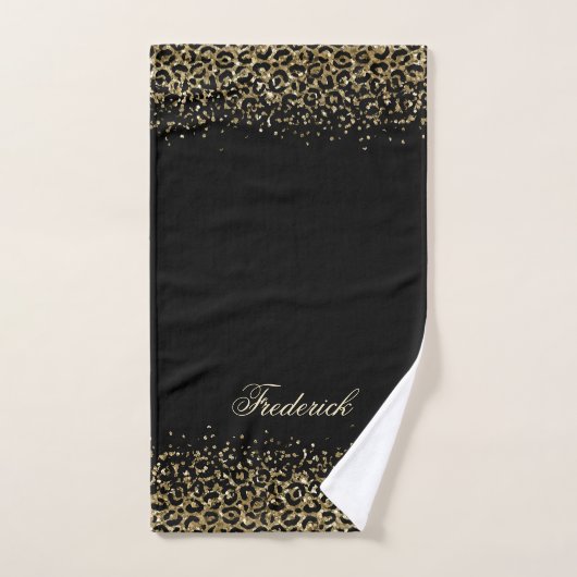 Monogram Script Black Gold Leopard Print Glitter Bad Handdoek (Handdoek)