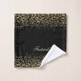 Monogram Script Black Gold Leopard Print Glitter Bad Handdoek
