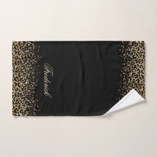 Monogram Script Black Gold Leopard Print Glitter Bad Handdoek (Handdoek)