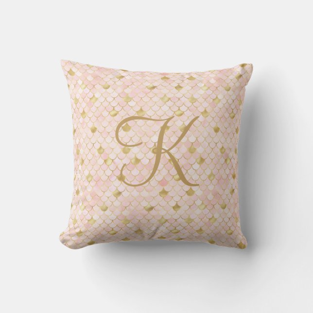 Monogram Script Blush Pink Gold Mermaid Scales Kussen (Voorkant)
