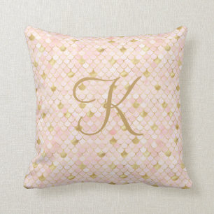 Monogram Script Blush Pink Gold Mermaid Scales Kussen