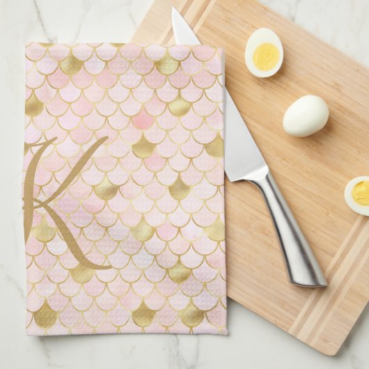 Monogram Script Blush Roze Gouden Zeemeermin Schub Theedoek (Quarter Fold)
