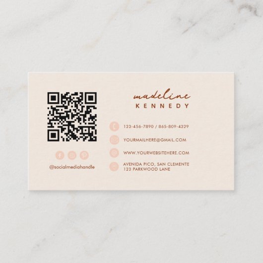 Monogram Script Boho Beige QR Code Visitekaartje (Achterkant)