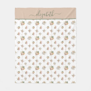 Monogram Script Boho Pampas Gras Roze Beige Groen Fleece Deken