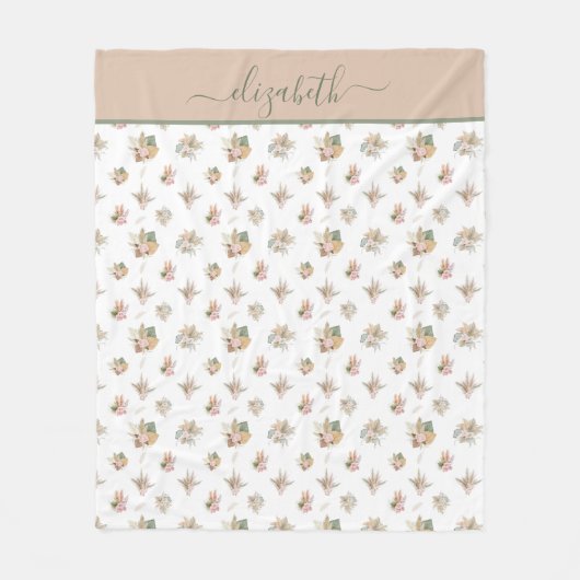 Monogram Script Boho Pampas Gras Roze Beige Groen Fleece Deken (Voorkant)