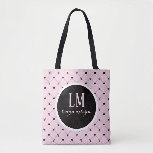 Monogram Script Boog Tote Tas – Roze & Zwart (Voorkant)