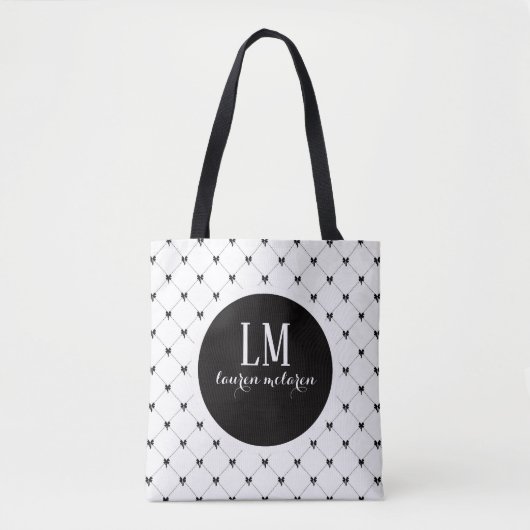 Monogram Script Boog Tote Tas – Wit & Zwart (Voorkant)