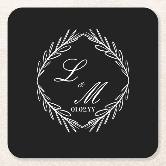Monogram Script Branch Black White Wedding Kartonnen Onderzetters (Voorkant)