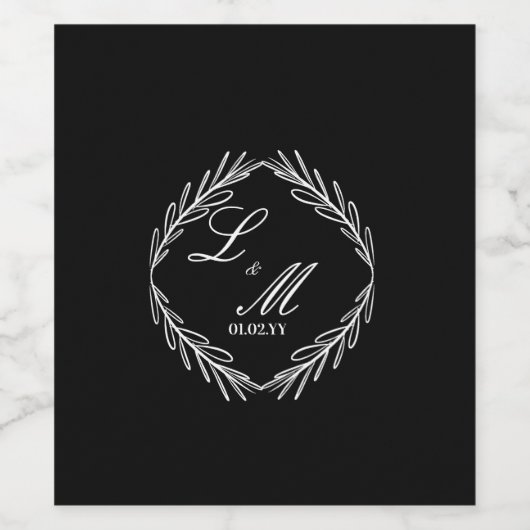 Monogram Script Branch Black White Wedding Wijn Etiket (Enkel label)