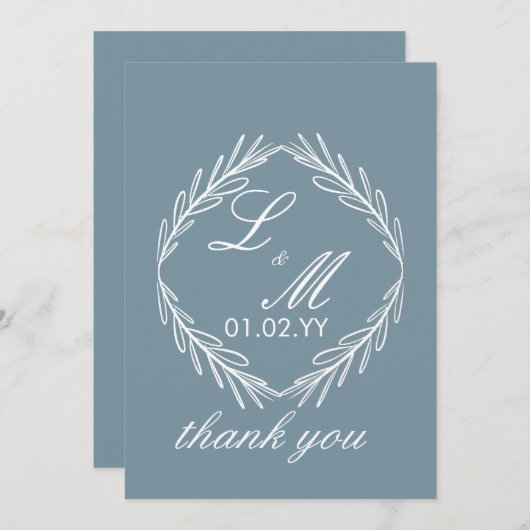 Monogram Script Branch Dusty Blue Wedding Bedankt Kaart (Voorkant / Achterkant)