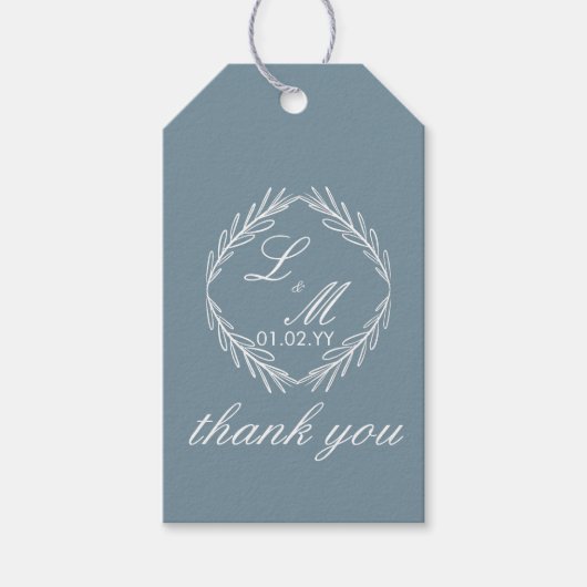 Monogram Script Branch Dusty Blue Wedding Cadeaulabel (Voorkant)