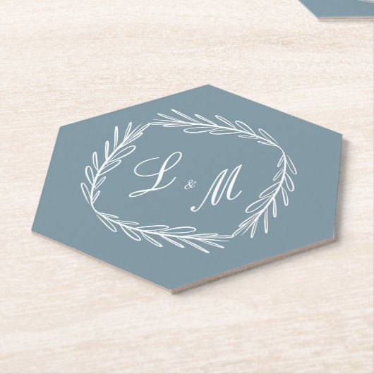 Monogram Script Branch Dusty Blue Wedding Kartonnen Onderzetters (Schuin)