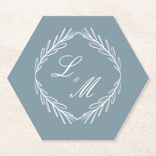 Monogram Script Branch Dusty Blue Wedding Kartonnen Onderzetters (Voorkant)