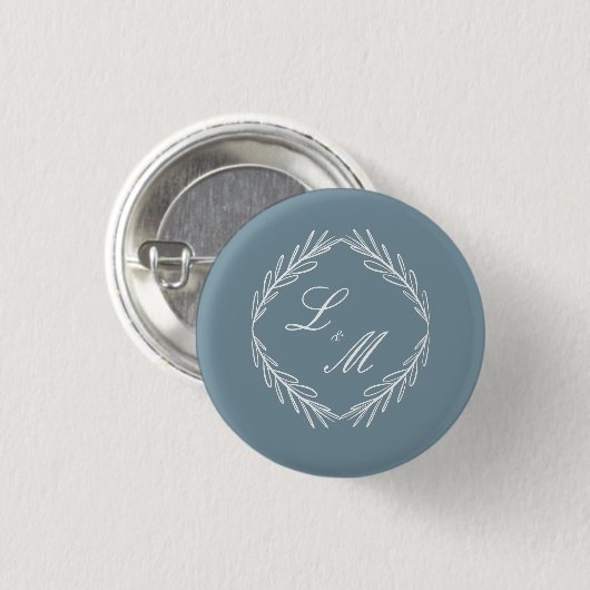 Monogram Script Branch Dusty Blue Wedding Ronde Button 3,2 Cm (Voorkant /achterkant)