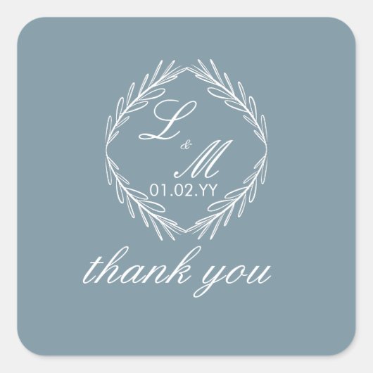 Monogram Script Branch Dusty Blue Wedding Vierkante Sticker (Voorkant)