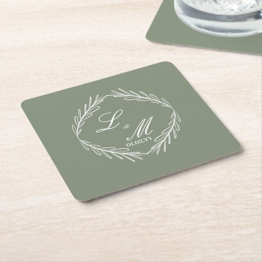 Monogram Script Branch Sage Green Wedding Kartonnen Onderzetters (Schuin)