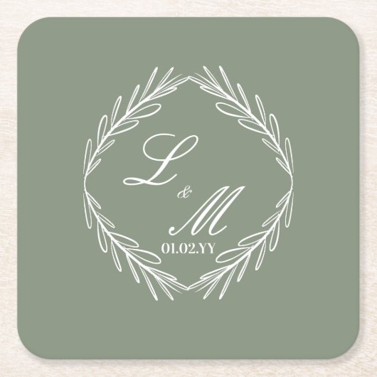 Monogram Script Branch Sage Green Wedding Kartonnen Onderzetters (Voorkant)