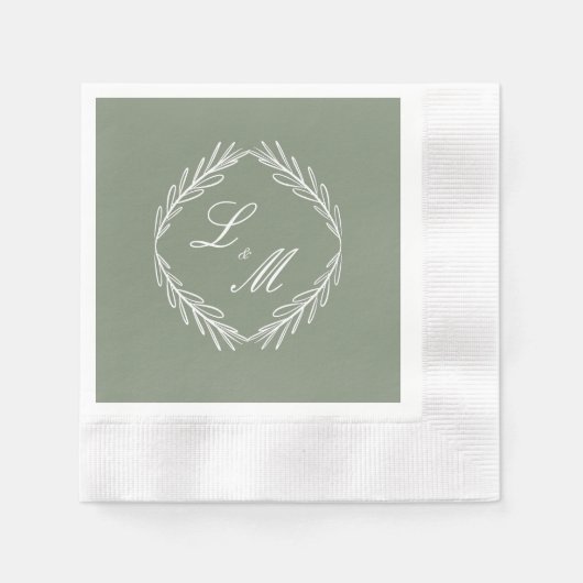 Monogram Script Branch Sage Green Wedding Napkins Servet (Voorkant)