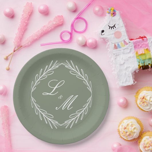 Monogram Script Branch Sage Green Wedding Papieren Bordje (Feest)