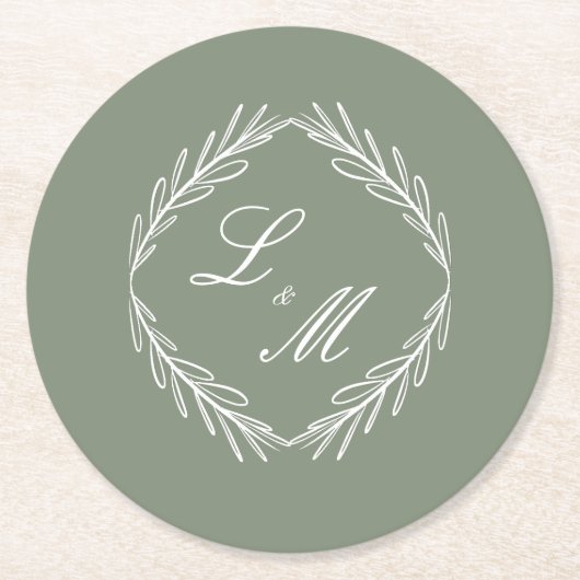 Monogram Script Branch Sage Green Wedding Ronde Kartonnen Onderzetter (Voorkant)