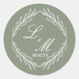 Monogram Script Branch Sage Green Wedding Ronde Sticker