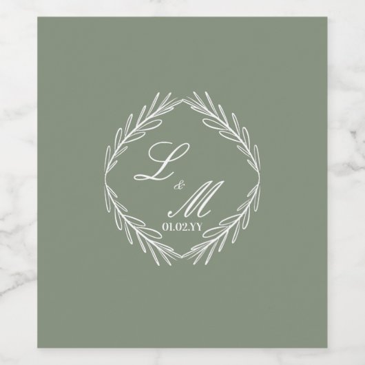 Monogram Script Branch Sage Green Wedding Wijn Etiket (Enkel label)