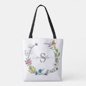 Monogram Script Calligrafie Vlinders Bloemen Naar Tote Bag (Achterkant)