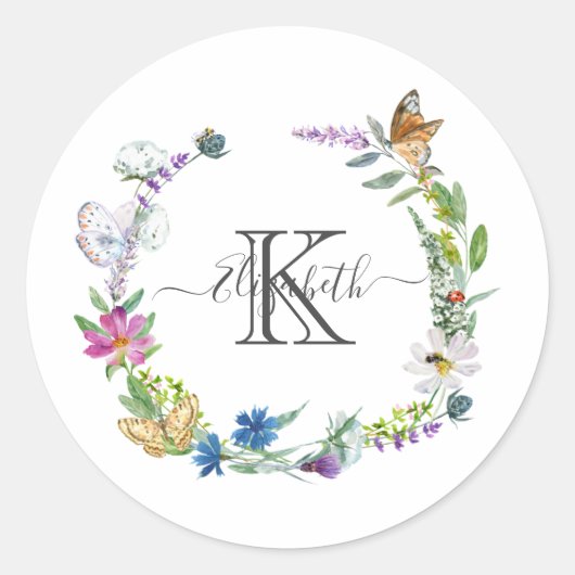 Monogram Script Calligrafie Vlinders Bloemen Ronde Sticker (Voorkant)