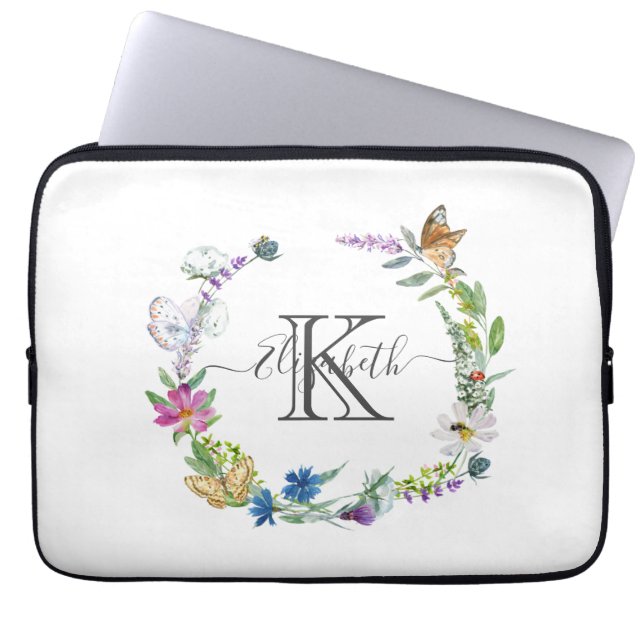 Monogram Script Calligraphy Butterflies Flowers Laptop Sleeve (Voorkant)