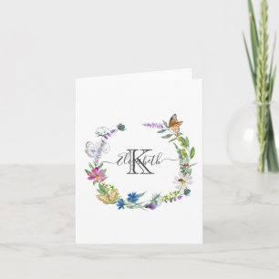 Monogram Script Calligraphy Butterflies Flowers N Notitiekaartje