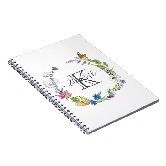 Monogram Script Calligraphy Butterflies Flowers Notitieboek (Rechterzijde)