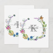 Monogram Script Calligraphy Butterflies Flowers Notitiekaartje (Voorkant / Achterkant)