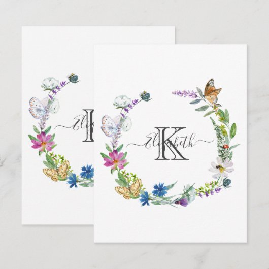 Monogram Script Calligraphy Butterflies Flowers Notitiekaartje (Voorkant / Achterkant)