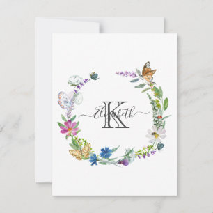 Monogram Script Calligraphy Butterflies Flowers Notitiekaartje