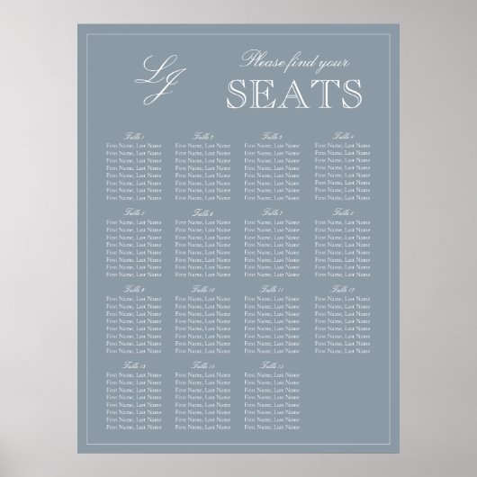Monogram Script Dusty Blue Modern Wedding Seat Poster (Voorkant)