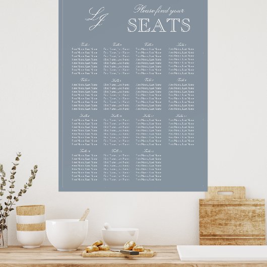 Monogram Script Dusty Blue Modern Wedding Seat Poster (Keuken)