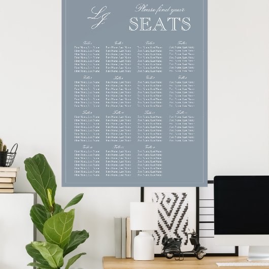 Monogram Script Dusty Blue Modern Wedding Seat Poster (Thuiskantoor)