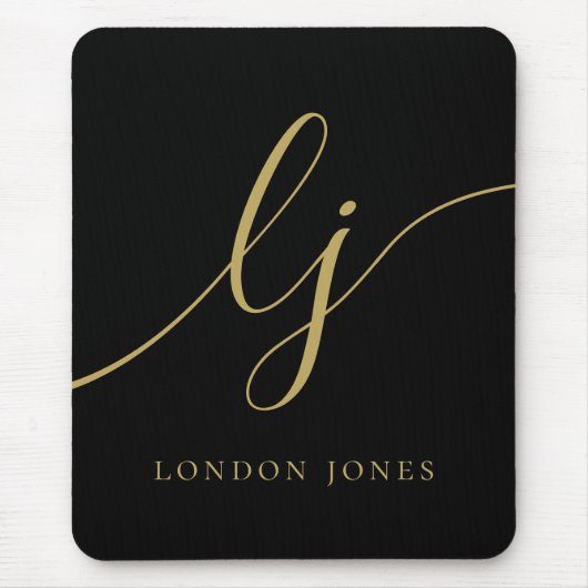 Monogram Script Elegant Vrouwelijk Zwart Goud Cust Muismat (Voorkant)